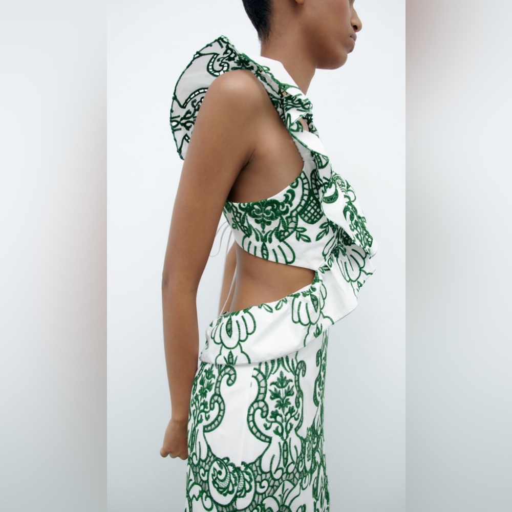 Zara long cutout dress green white Sz XL